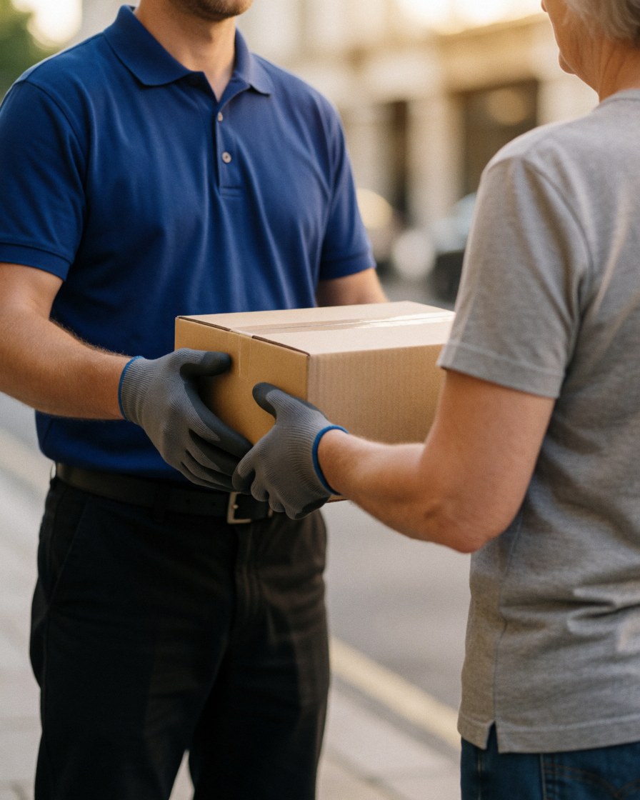 A delivery worker in uniform hands a package to a customer on an urban street, with hands and product in focus