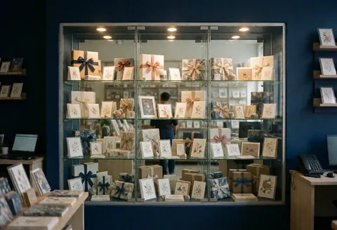 Organized gift display case in a stationery store with blue walls, featuring cards and ribboned boxes under warm lighting