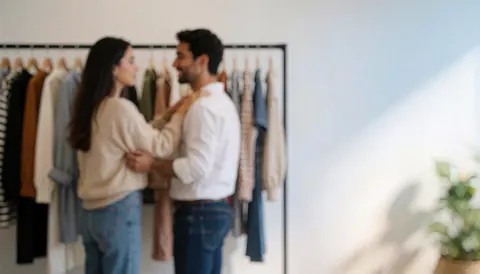 A couple embraces in front of clothing racks in a fashion store with a white wall and natural light, suitable for text background.