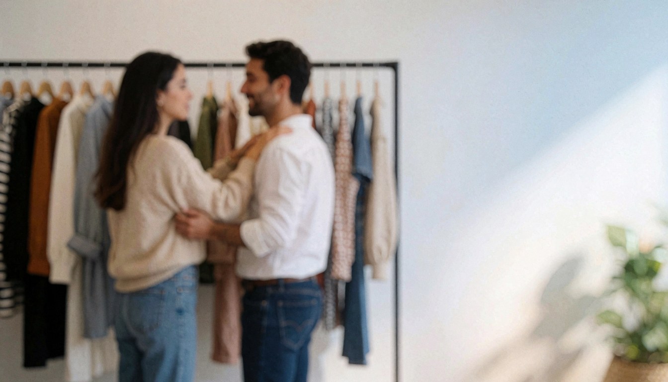A couple embraces in front of clothing racks in a fashion store with a white wall and natural light, suitable for text background.