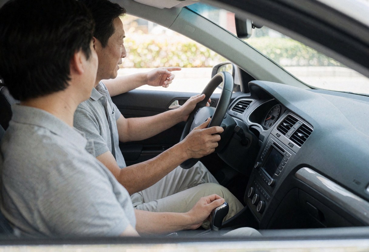 Driving instructor pointing while student operates manual transmission in realistic driving school scene