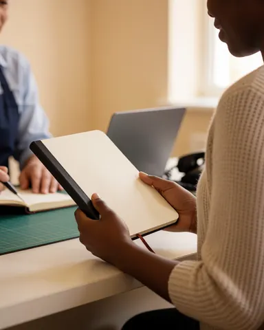 A smiling customer holds a newly bound notebook while a professional works in the background at a copy and binding shop.