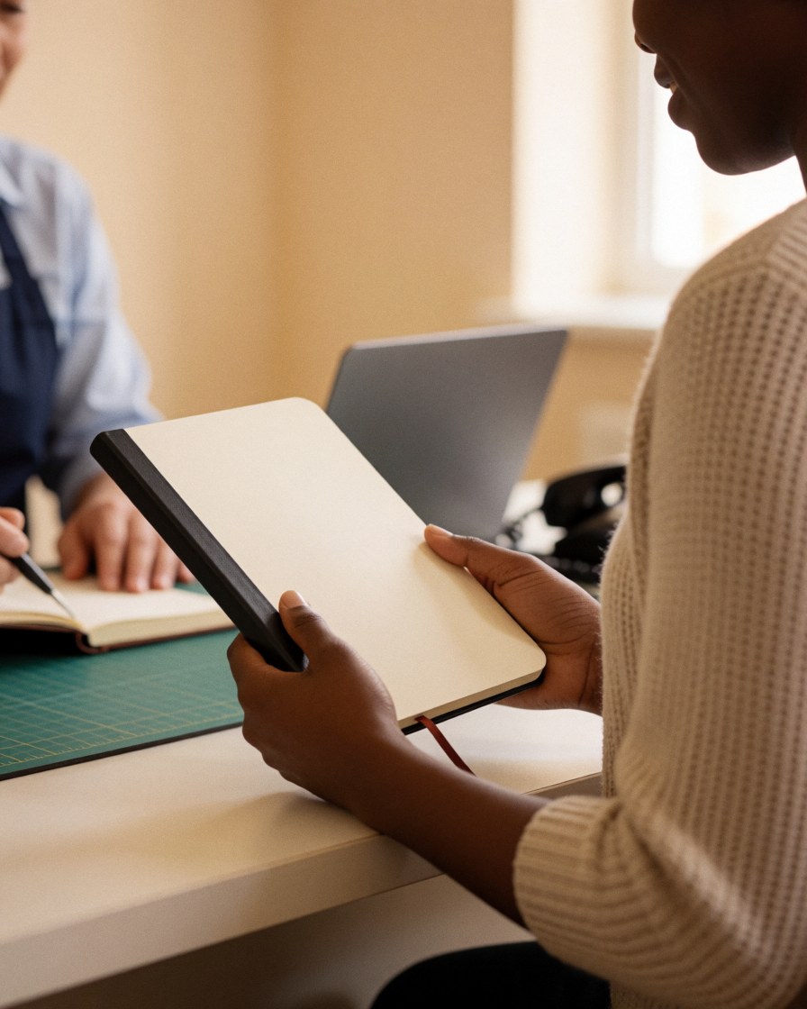 A smiling customer holds a newly bound notebook while a professional works in the background at a copy and binding shop.