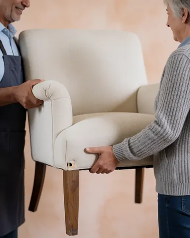 A client and professional examine a repaired chair with visible stitching against light plaster walls while the client smiles