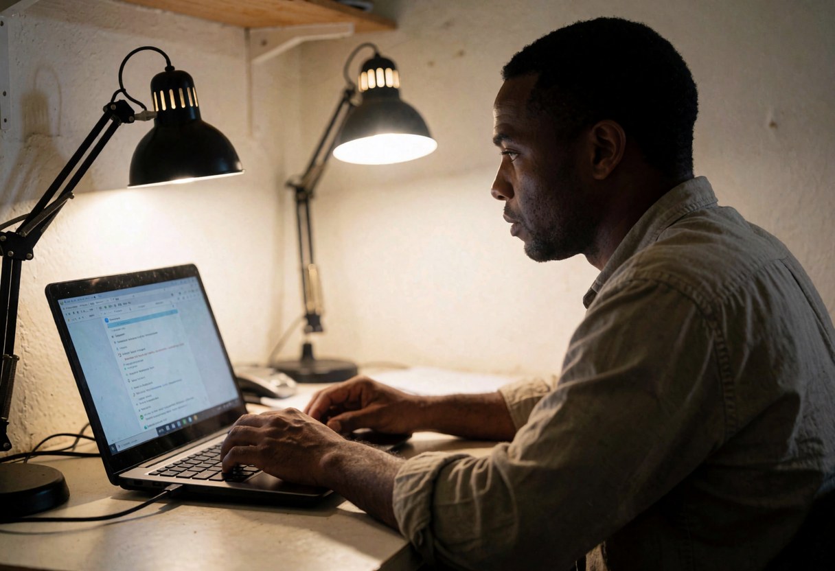 Adult man using a laptop on a desk with two lamps, white walls, and a studio atmosphere.
