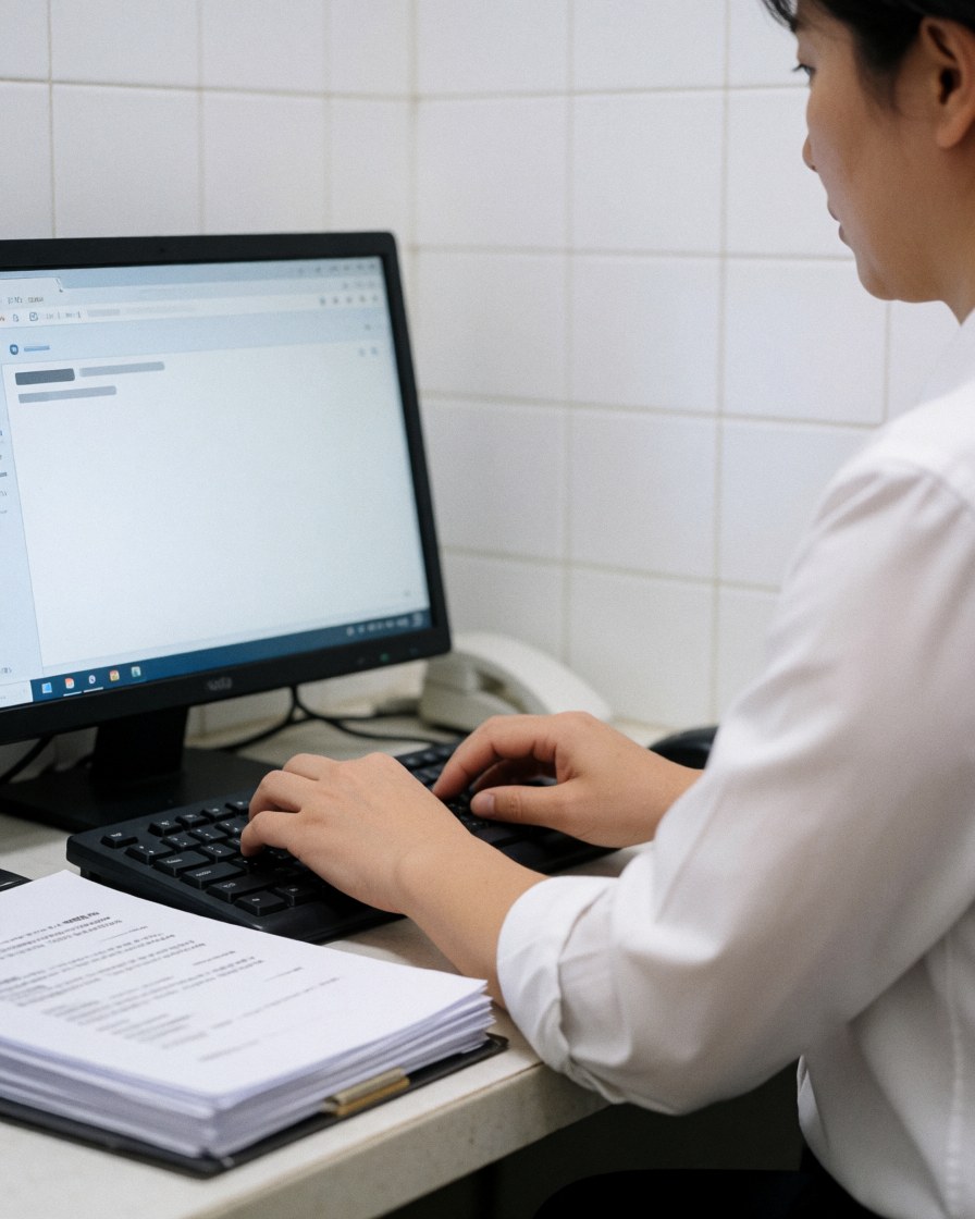Administrator typing on a computer with a stack of documents ready for processing against a white tiled wall background