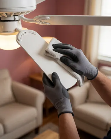 Close-up of a gloved hand cleaning a white fan blade during a repair service.