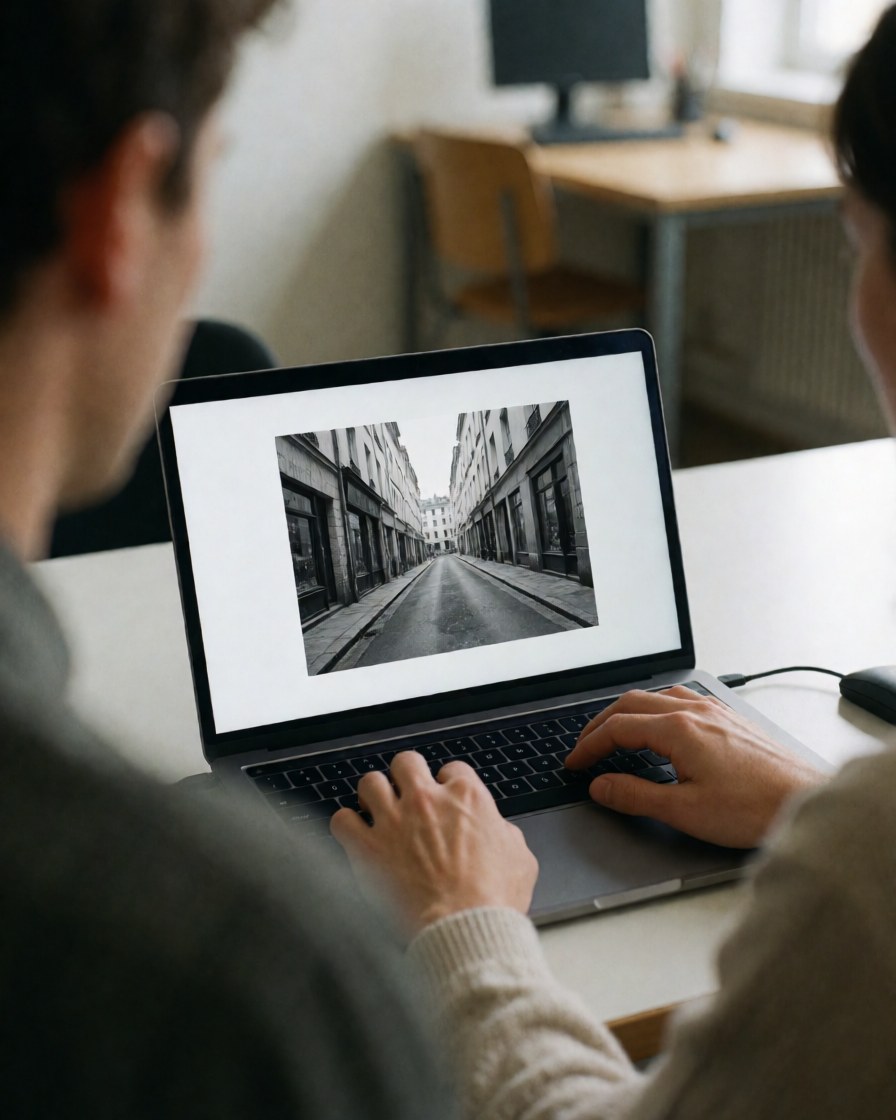 A satisfied customer reviews a photograph on a laptop in a professional office setting with a black and white street scene visible on the screen.