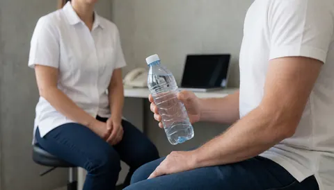 A relaxed client holding a water bottle in a sports massage therapy office with a therapist in the background