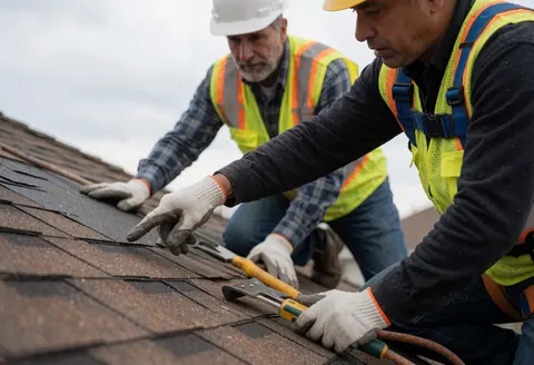 Two workers on a roof repairing sheet metal using tools, wearing helmets and reflective vests