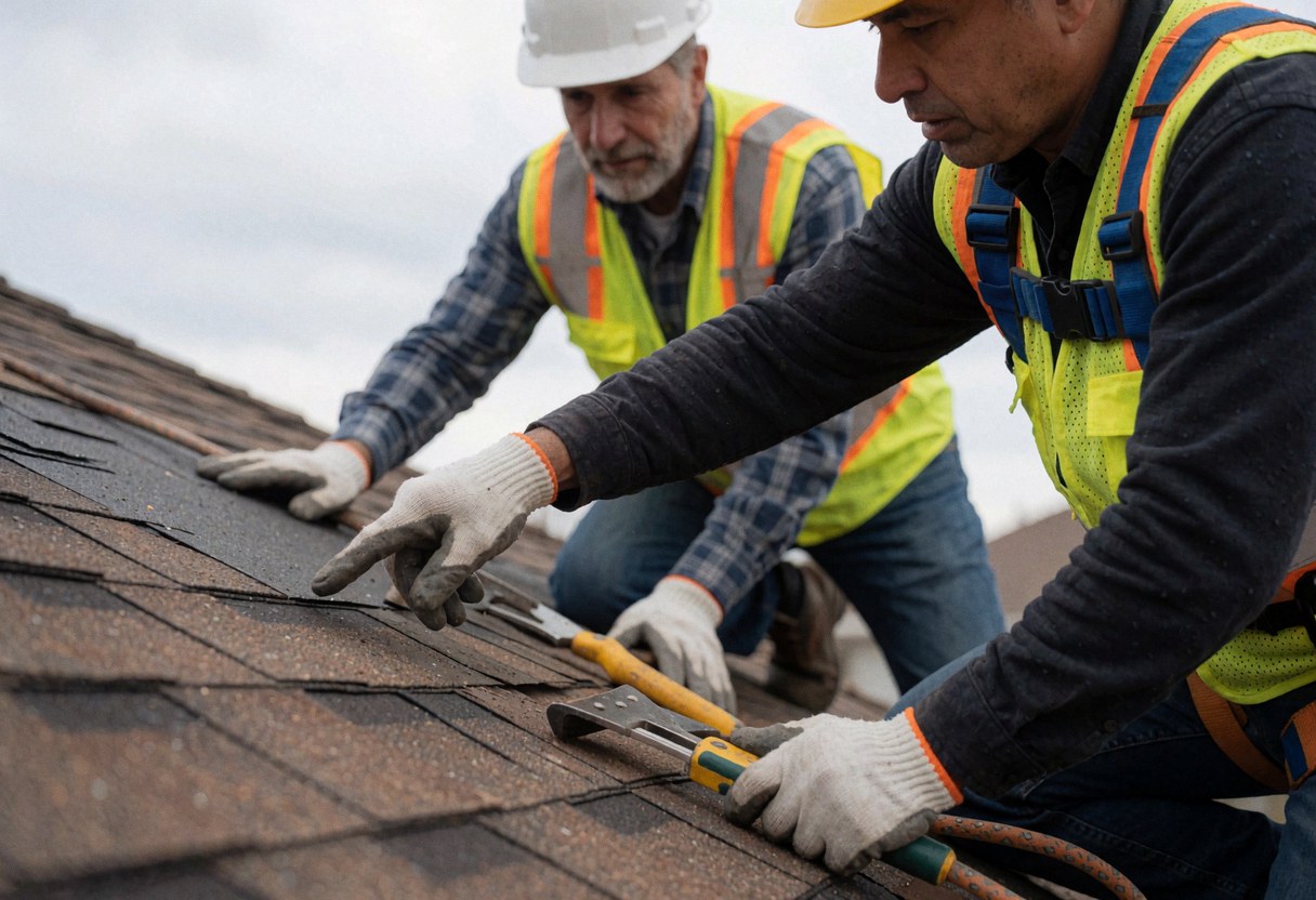 Two workers on a roof repairing sheet metal using tools, wearing helmets and reflective vests