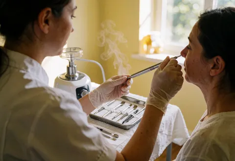 Therapist wearing gloves uses a comedone extractor on a client's nose near the nose, with sterilized tools on a tray and light yellow walls.