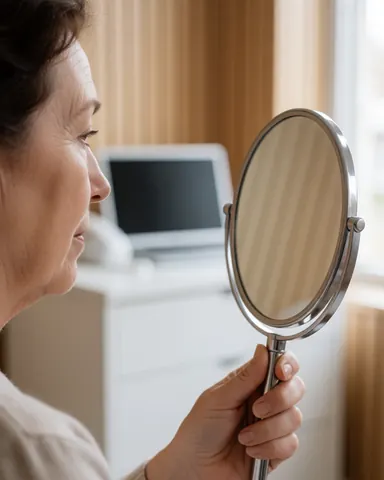 A woman looks at her face in a handheld mirror inside a bright clinic with light wood walls and natural lighting.