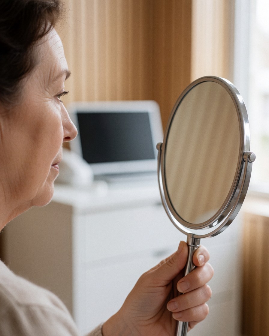 A woman looks at her face in a handheld mirror inside a bright clinic with light wood walls and natural lighting.