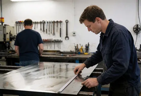 Worker measuring a stainless steel sheet in an industrial workshop with tools hanging on a white wall.