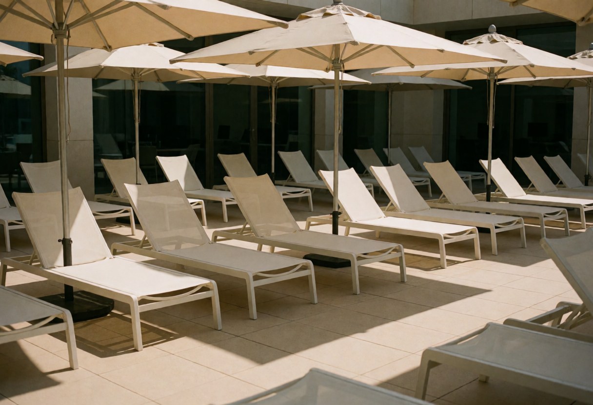White beach chairs and beige umbrellas under bright sunlight at a public pool, ideal for outdoor relaxation.