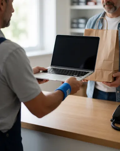 A technician delivers a laptop to a client inside a repair store, holding a bag with natural light illuminating the realistic scene.