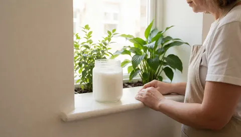 A jar of coconut oil sits on a window sill surrounded by green plants and natural light in a serene indoor setting.