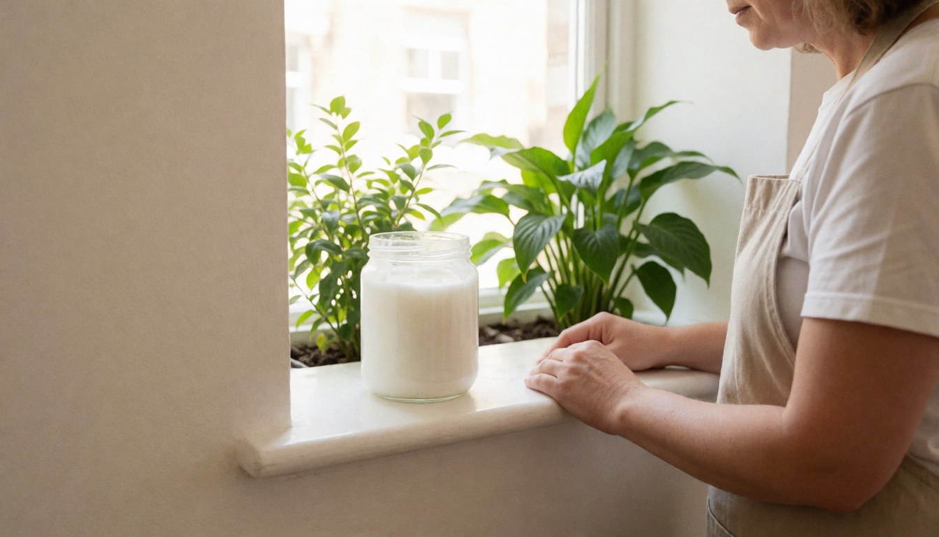 A jar of coconut oil sits on a window sill surrounded by green plants and natural light in a serene indoor setting.