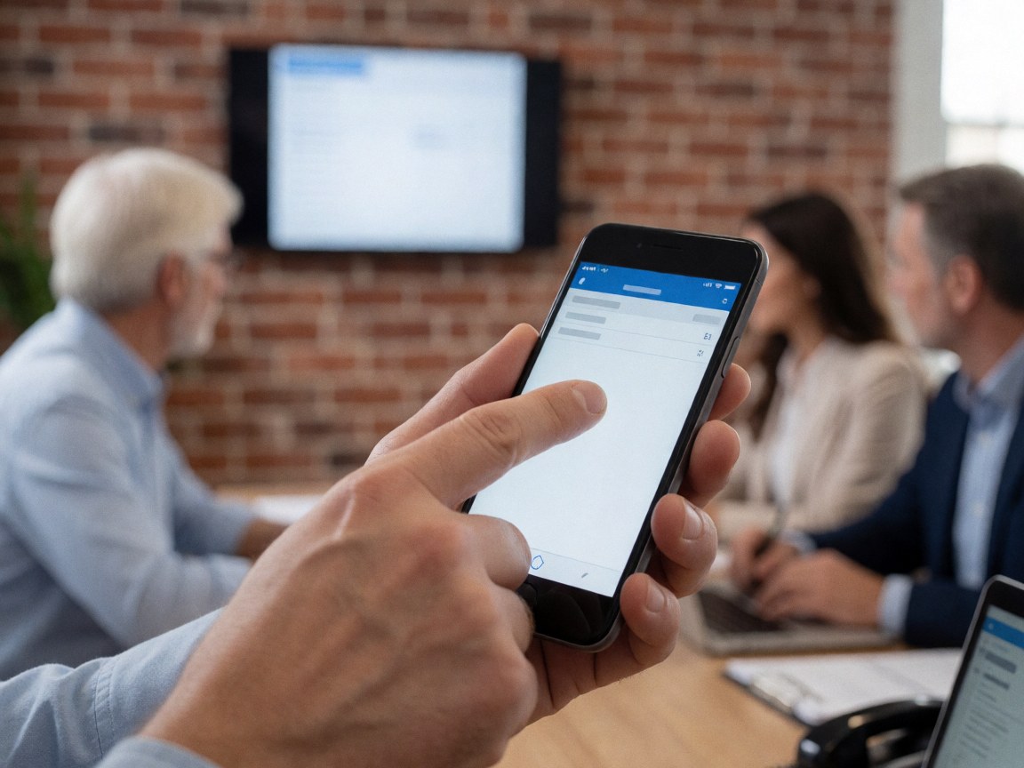 A hand pointing to a specific detail on a smartphone screen in an office setting with a brick wall background.