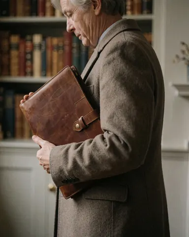 A senior man holds a leather folder in front of bookshelves in a library, suitable for financial services.