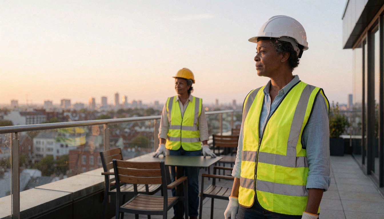 Two female construction workers wearing hard hats and safety vests on a rooftop terrace with tables and chairs, looking out at the city skyline at sunset.