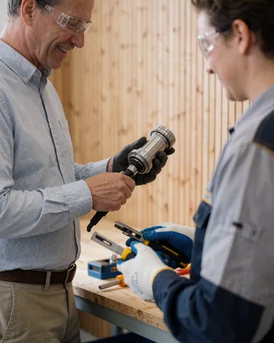 Two technicians examine a metal component in a workshop with wooden walls and tools on the table.