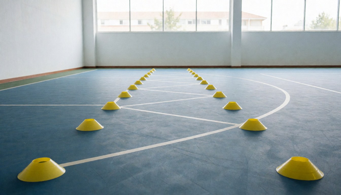Yellow cones arranged on a blue floor with white lines, ready for sports training in a gym with natural light.