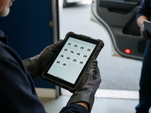 Close-up of gloved hands holding a digital tablet displaying vehicle icons in front of a truck door at a workshop