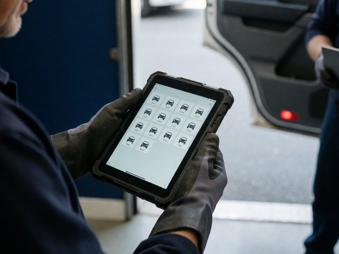 Close-up of gloved hands holding a digital tablet displaying vehicle icons in front of a truck door at a workshop