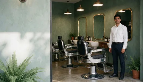 Barber standing in a shop with vintage chairs, bronze mirrors, green walls, and a potted plant