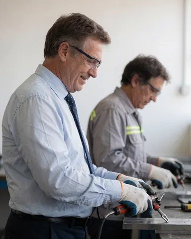 A man wearing safety glasses and gloves works with a metal tool in a factory with white walls.