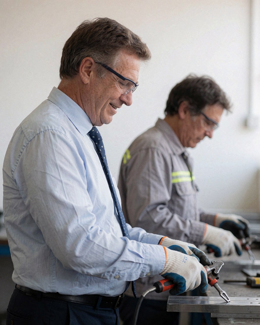 A man wearing safety glasses and gloves works with a metal tool in a factory with white walls.