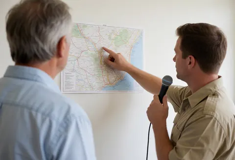 Guide in khaki uniform explains route on white wall map to attentive client at zoo