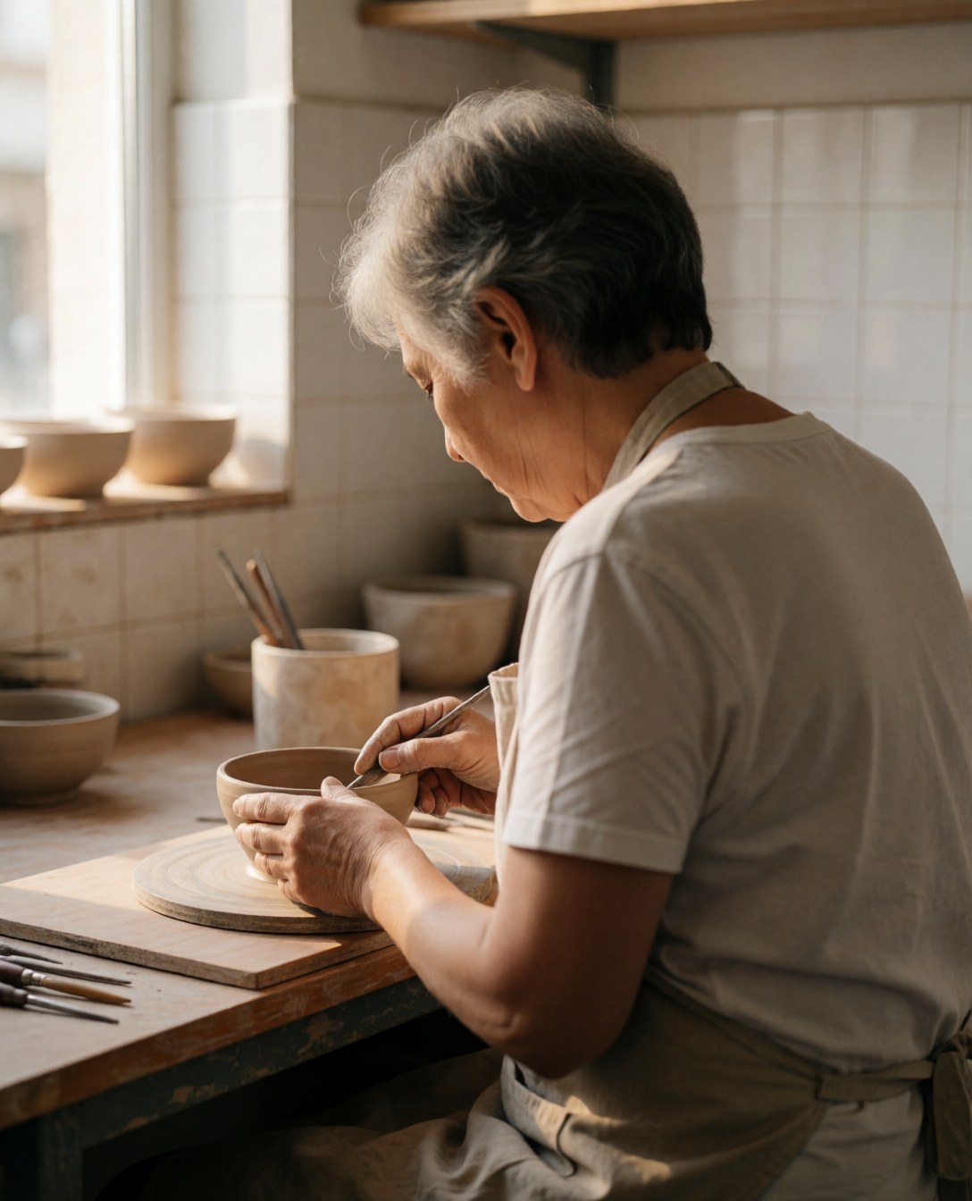 Artisan shaping a clay bowl with tools in a workshop with white tiled walls and natural light from a window
