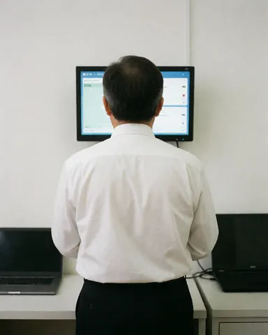 A professional viewed from behind checks a digital monitor in a clean, modern office with white walls and functional equipment.