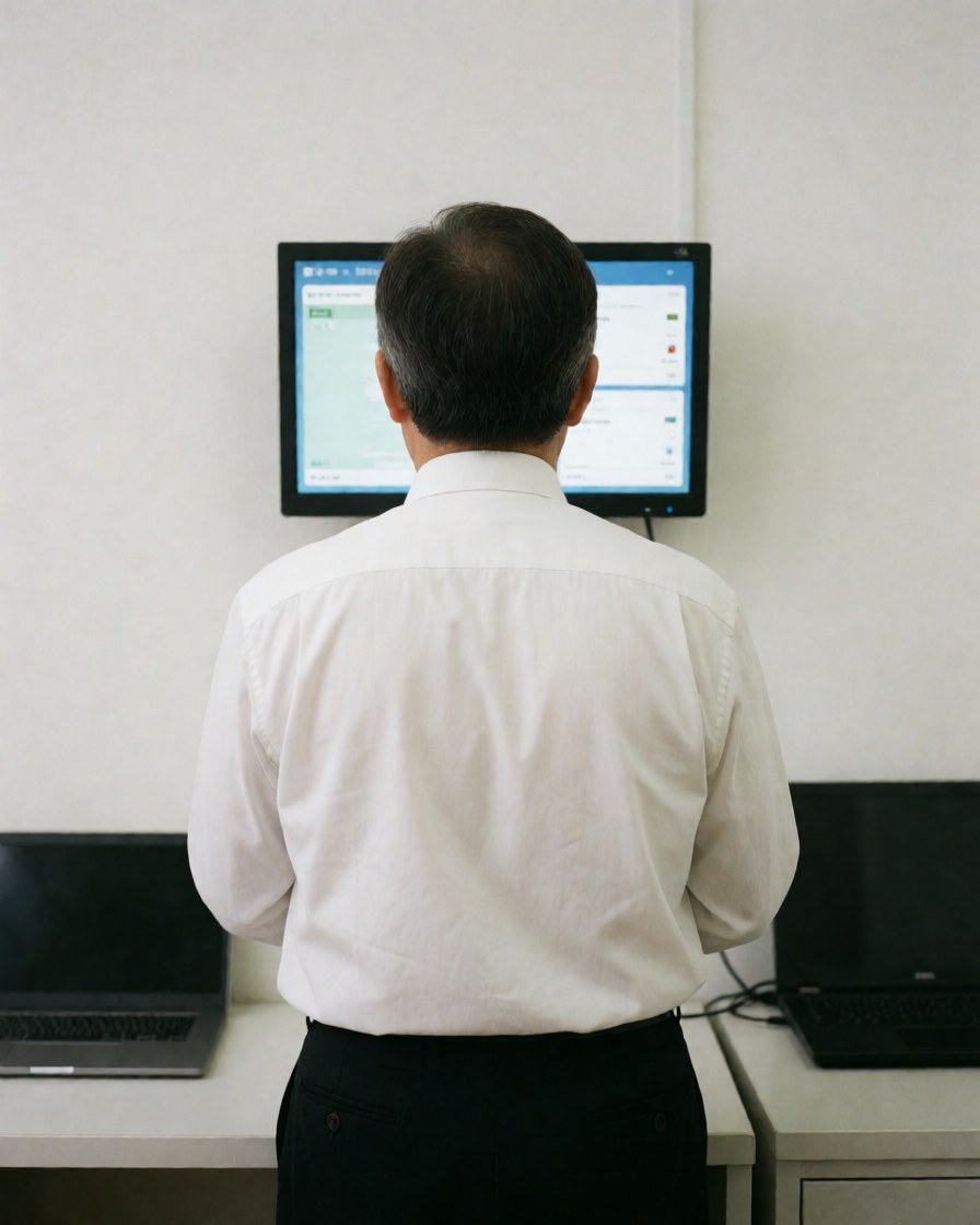 A professional viewed from behind checks a digital monitor in a clean, modern office with white walls and functional equipment.