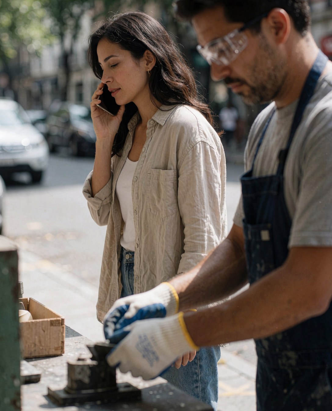 Worker wearing safety gloves and glasses using tools in an urban setting, not in a factory