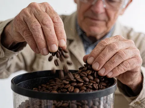 Close-up of adult hands loading dark roasted coffee beans into a manual grinder with coffee particles floating in the air