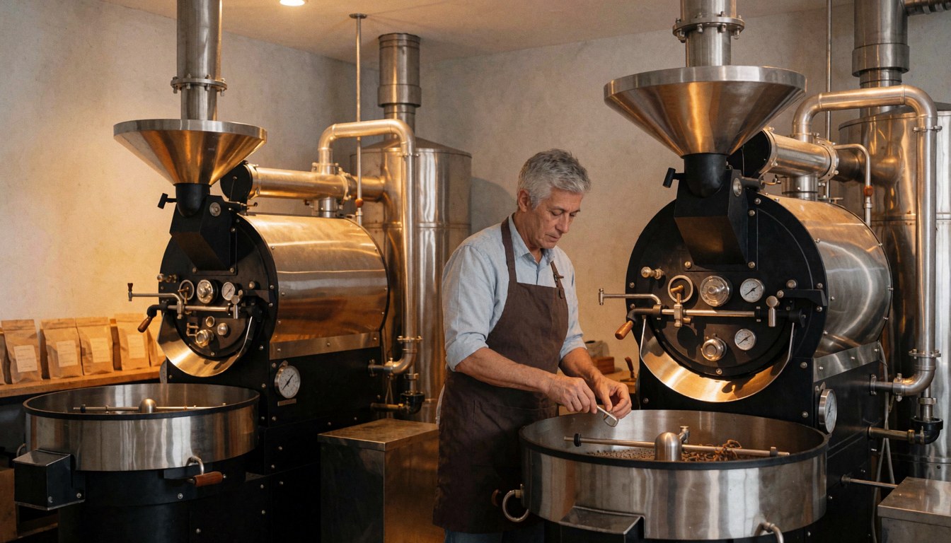 A professional coffee roaster checks freshly roasted coffee beans in an industrial machine within a warehouse setting featuring gray walls and warm lighting.