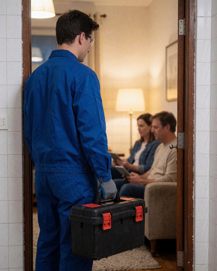 Technician in blue uniform carrying black tool box enters house with white tiled walls while client sits on sofa in background