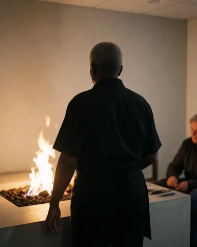 Rural lodging team members standing by a stone fireplace with light gray walls and a seated guest in the background.