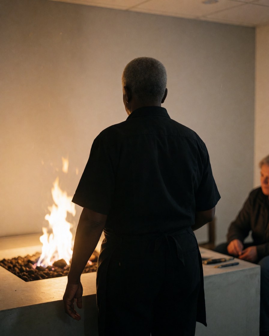 Rural lodging team members standing by a stone fireplace with light gray walls and a seated guest in the background.