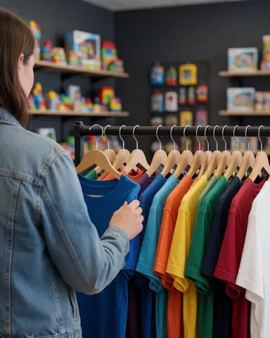 A young customer touches a blue t-shirt on a rack in a gift store with toy shelves and gray walls.