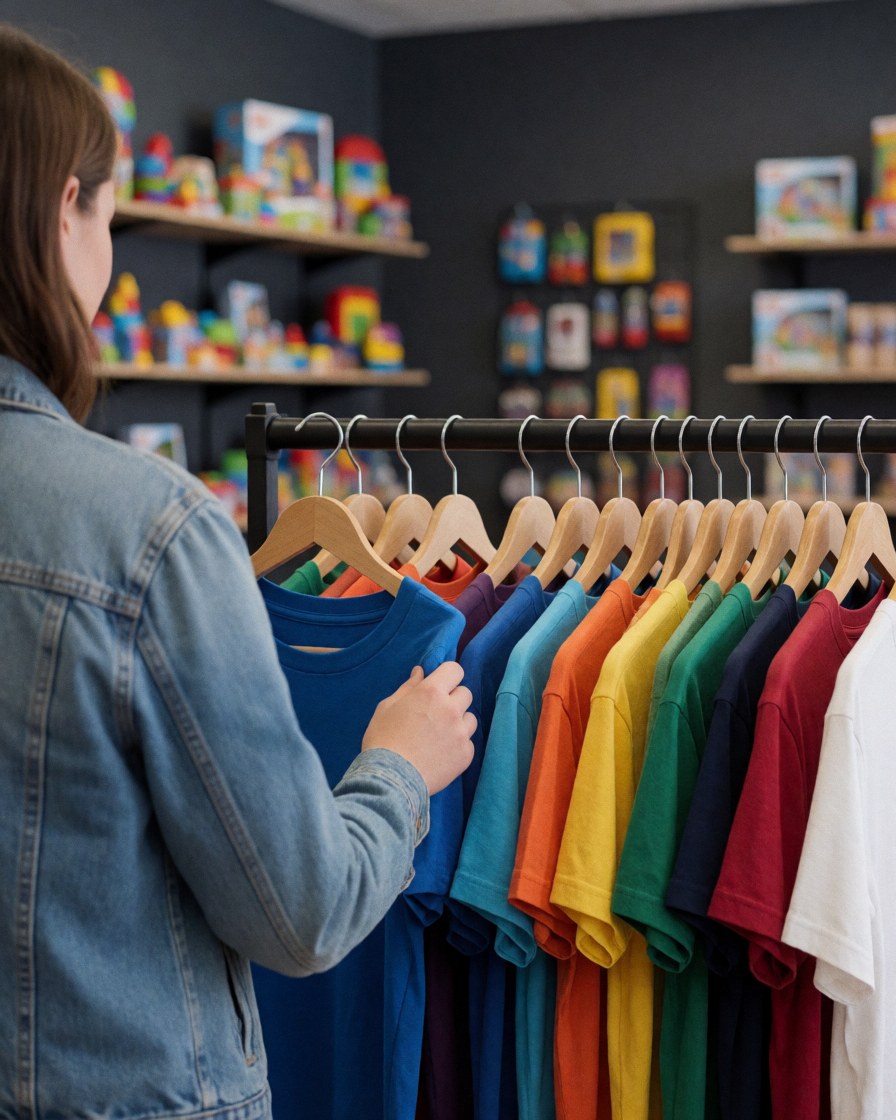 A young customer touches a blue t-shirt on a rack in a gift store with toy shelves and gray walls.
