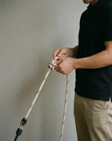 Instructor demonstrating a knot on a white patterned rope against a gray wall for an indoor climbing class