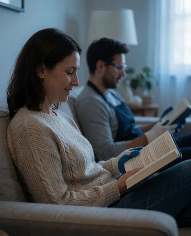 A woman reads a book on a sofa while a man wearing safety glasses and gloves reads in the background.