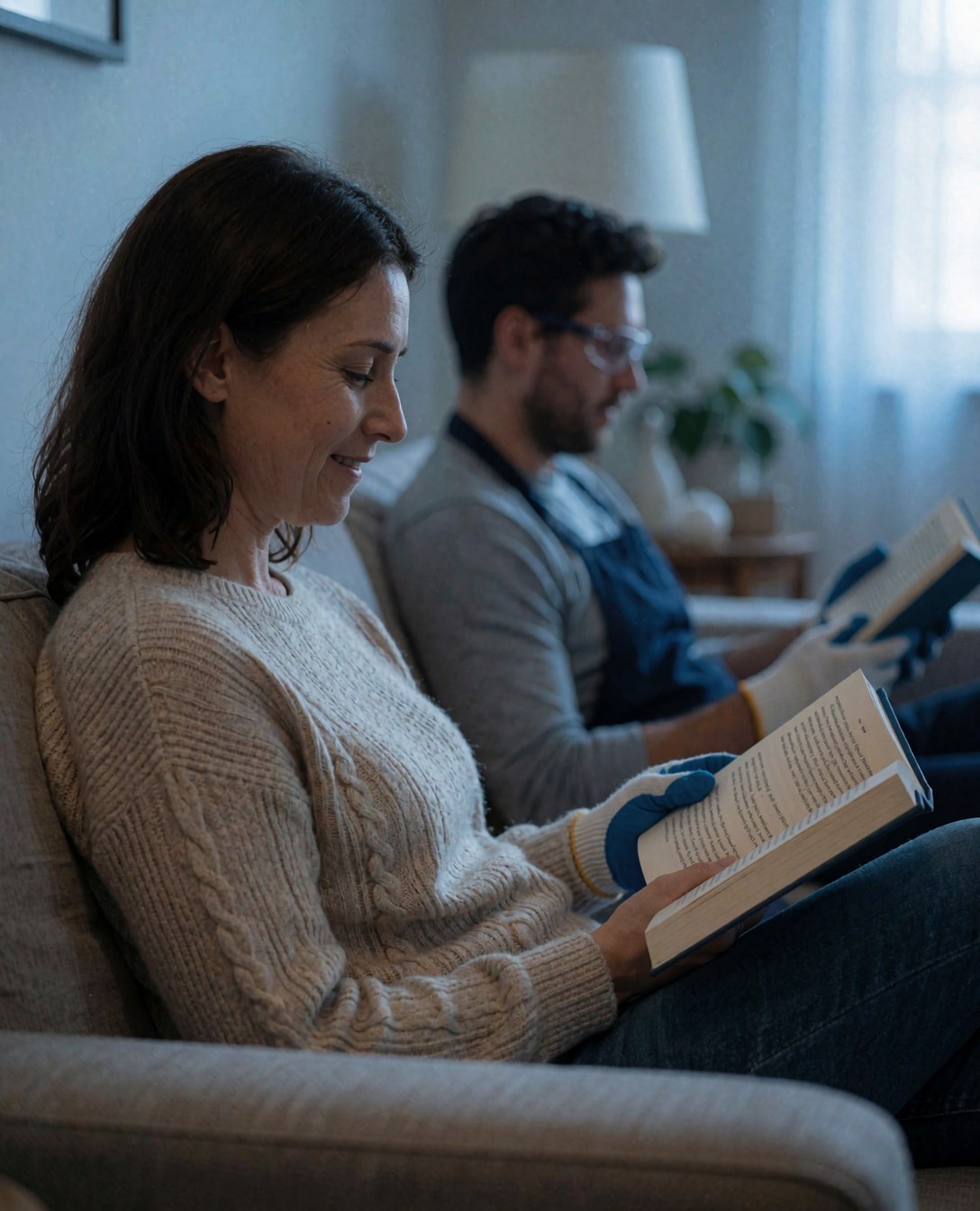 A woman reads a book on a sofa while a man wearing safety glasses and gloves reads in the background.