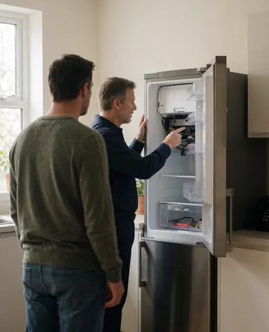 Technician inspects the interior of a stainless steel refrigerator while a client watches in a modern kitchen with natural light.