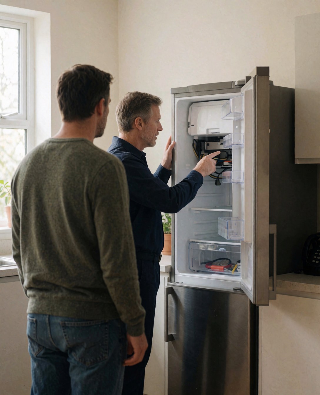 Technician inspects the interior of a stainless steel refrigerator while a client watches in a modern kitchen with natural light.